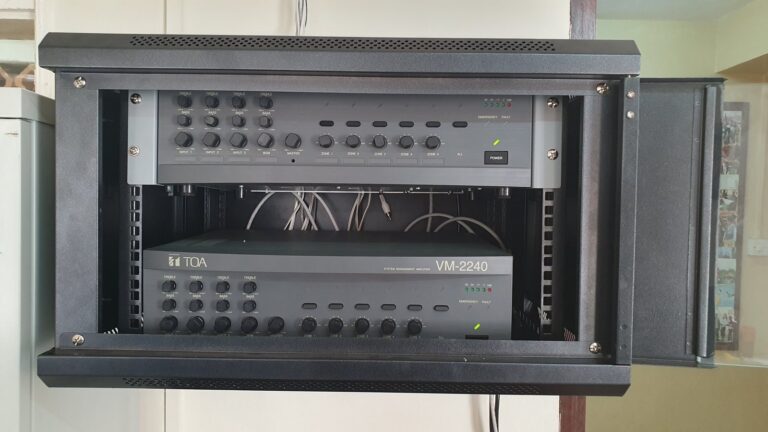 Two TOA VM-2240 amplifiers in a wall-mounted rack