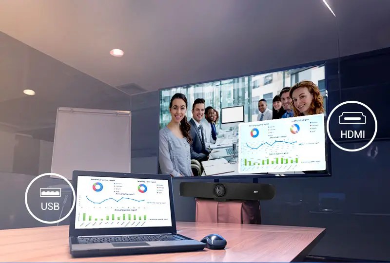 AVer video bar connected to a laptop by USB for bring your own meeting