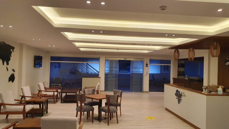 Lobby seating and check-in counter