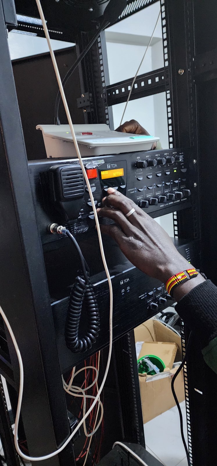 TOA VM-3000 voice alarm amplifier and extension amplifier being commissioned
