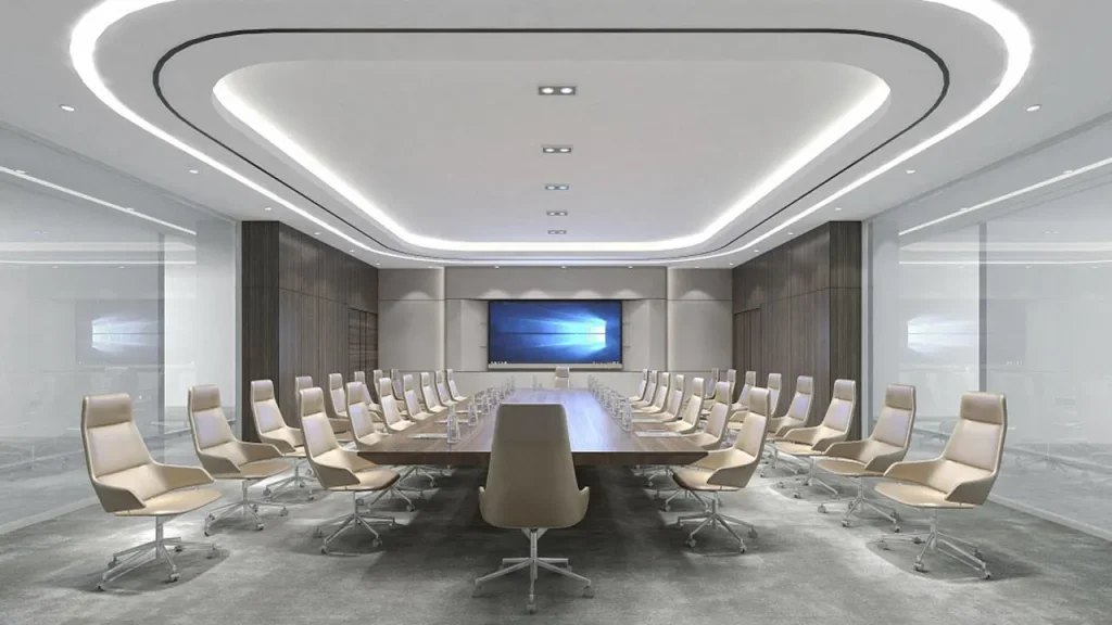 Boardroom design with a large display and integrated AV
