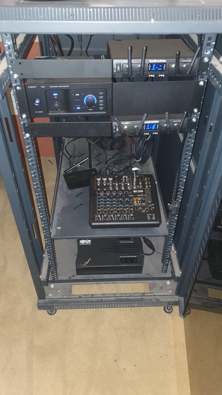 Boardroom AV rack with Audio-Technica wireless receivers and Apart amplifier