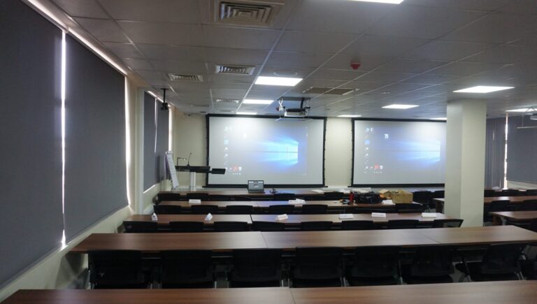 dfcu Group training room with dual projection screens