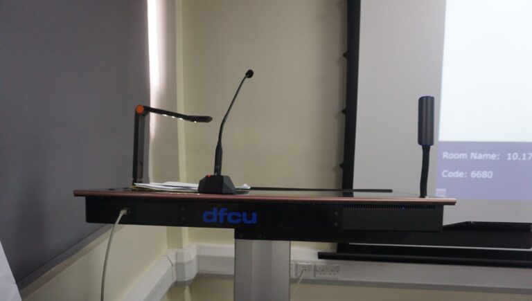 dfcu-branded smart lectern with gooseneck microphone and document camera