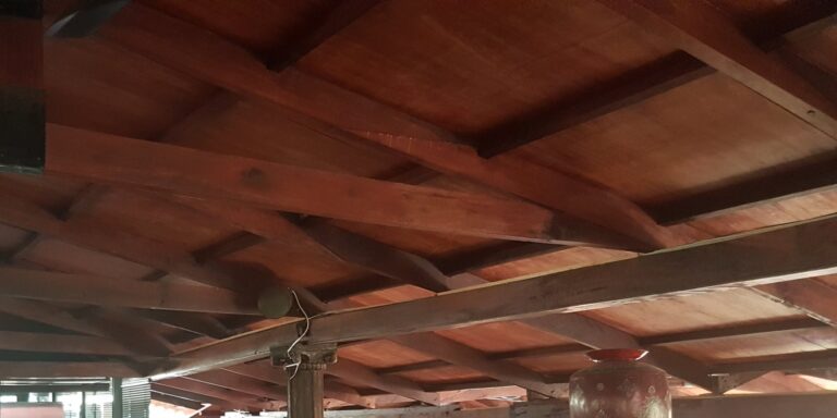 Painted speaker blending into the roof beams above a column