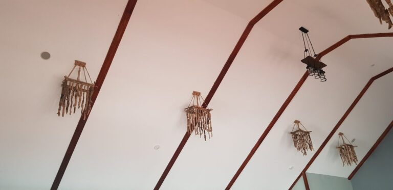 Ceiling speakers in the pitched timber ceiling
