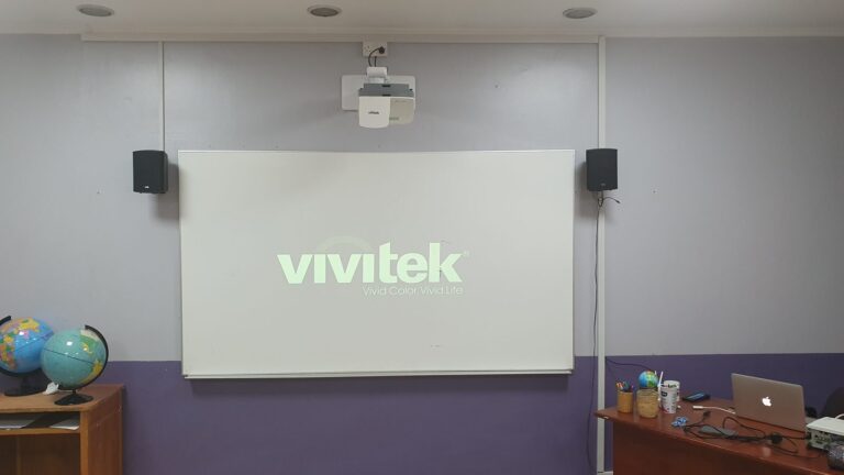 Classroom with Vivitek ultra short throw projector, board and Biamp speakers