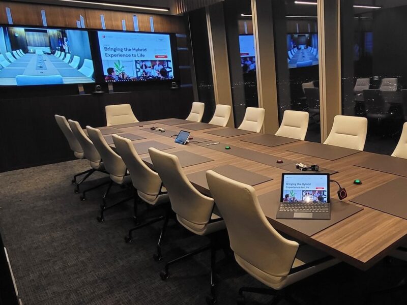 Hybrid boardroom with dual displays, cameras, table microphones and wireless presentation