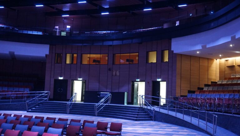 Interpretation and control booths overlooking the main hall