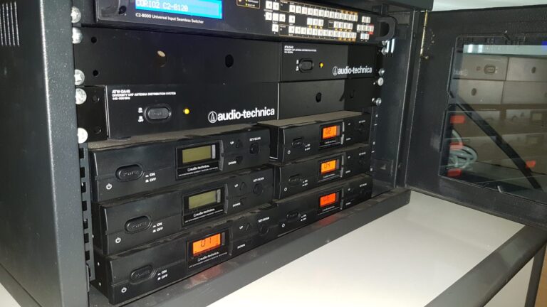 Audio-Technica wireless receivers and ATW-DA49 antenna distribution in a rack