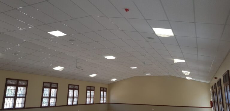 Main hall with ceiling speakers in the grid ceiling
