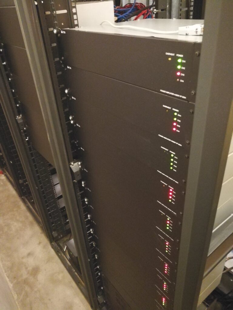 Rear of the TOA PA rack at the Kigali Marriott Hotel showing speaker line wiring