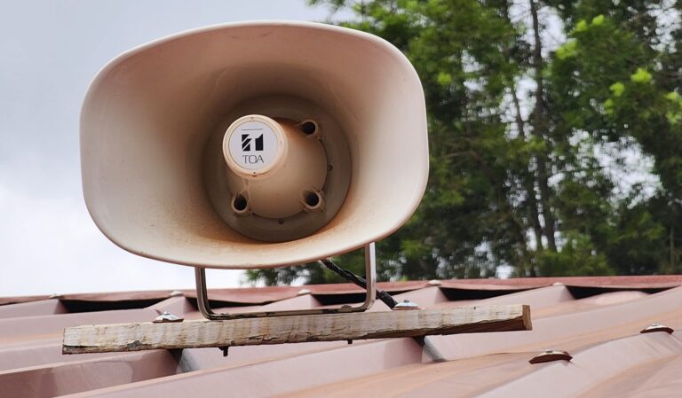 Assembly area with TOA horn speakers on the roof