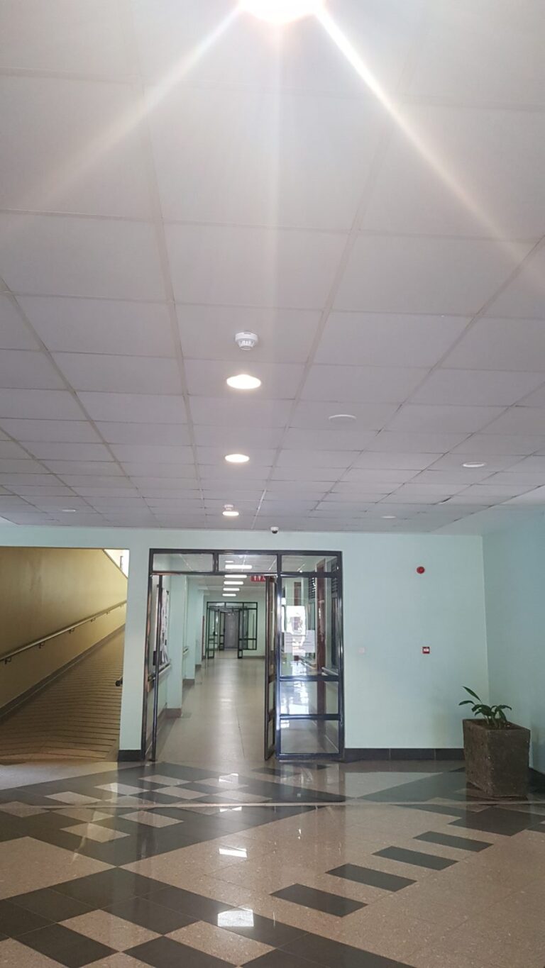 Hospital corridor with ceiling speaker for public address