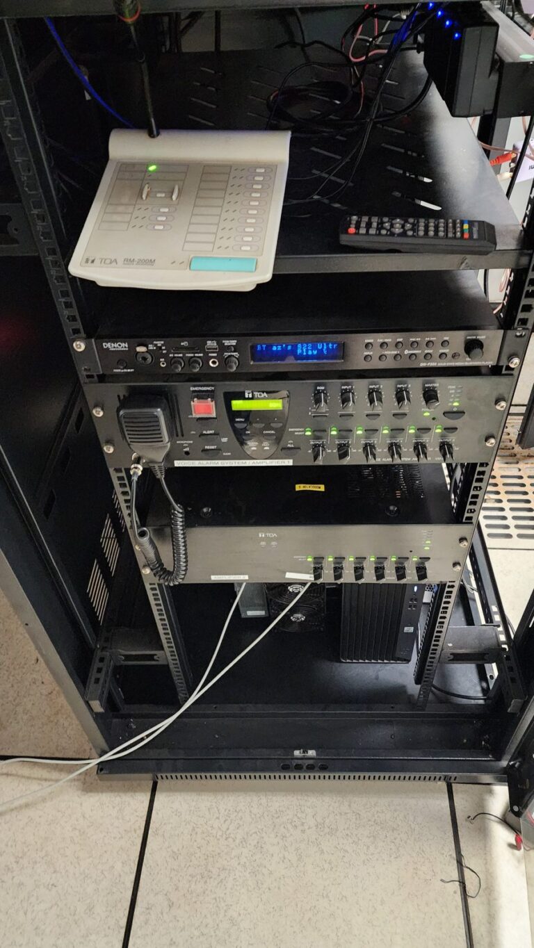 TOA VM-3000 voice alarm rack with RM-200M paging microphone and Denon media player