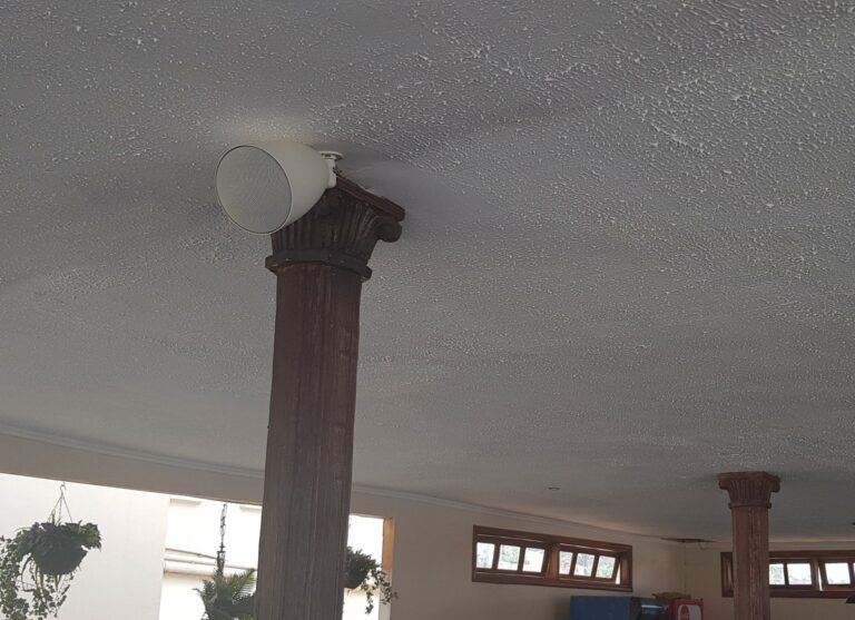 Pendant speaker mounted at the top of a column