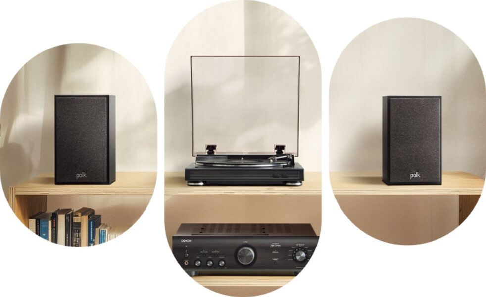 Polk bookshelf speakers with a Denon turntable and hi-fi amplifier