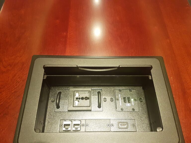 Flip-up table box with HDMI, network, power and USB