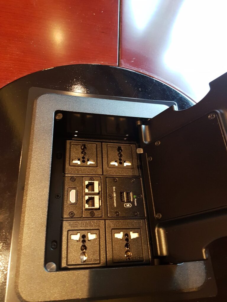 Table connection box with HDMI, network, power and USB charging