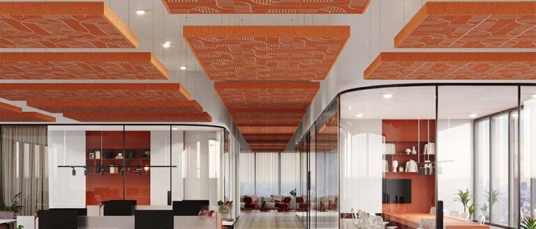 Suspended acoustic ceiling panels in an open plan office