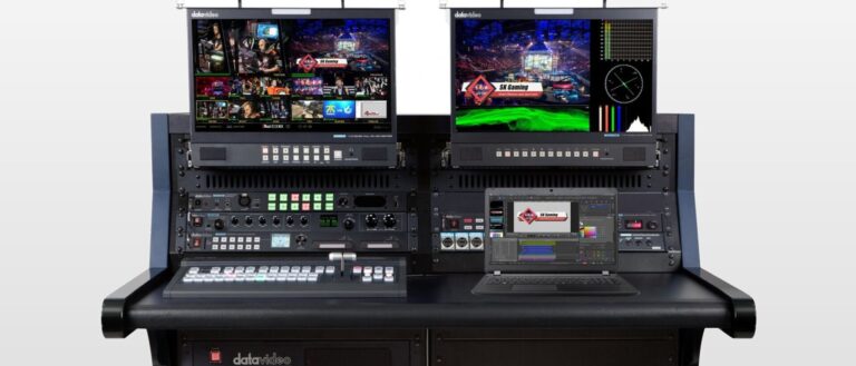 Datavideo studio production desk with switcher, monitors and recorders