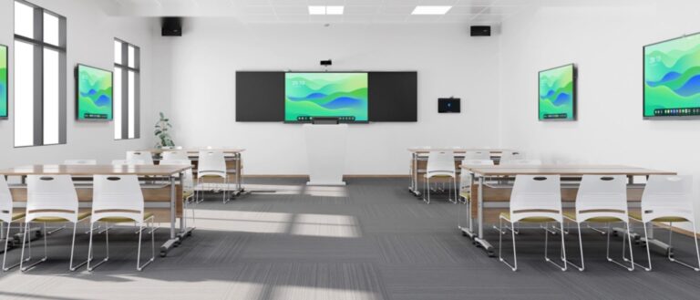Smart classroom with interactive panels, cameras and speakers
