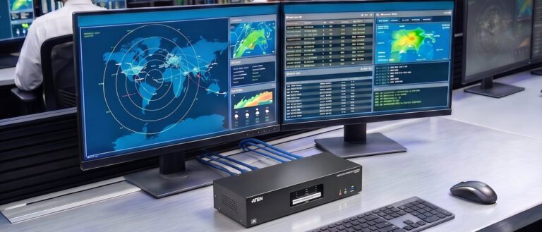 Dual display KVM switch on an operator desk in a control room