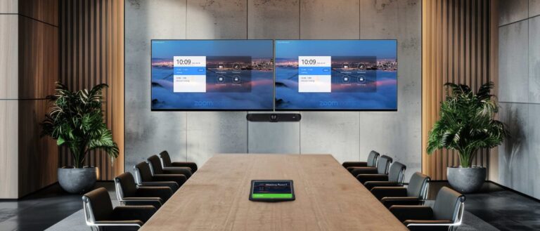 Video conferencing meeting room with dual displays, camera bar and room booking panel