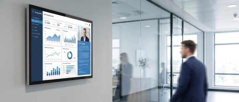 Wall mounted digital signage display in an office corridor